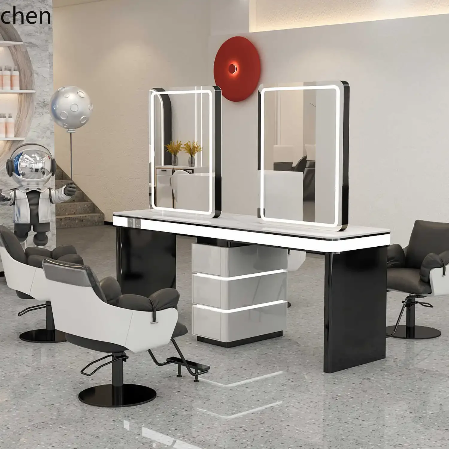HT Barber Shop Mirror Light Mirror Hair Salon Perm, Dyeing and Cutting Hair with Cabinet Integrated Double-sided Mirror Table