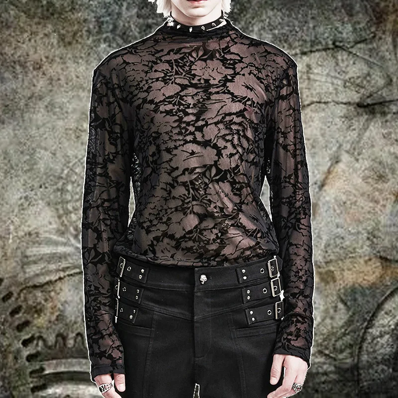 2025 Autumn Punk Sexy Black Perspective Printed Mesh Long Sleeve T-shirt