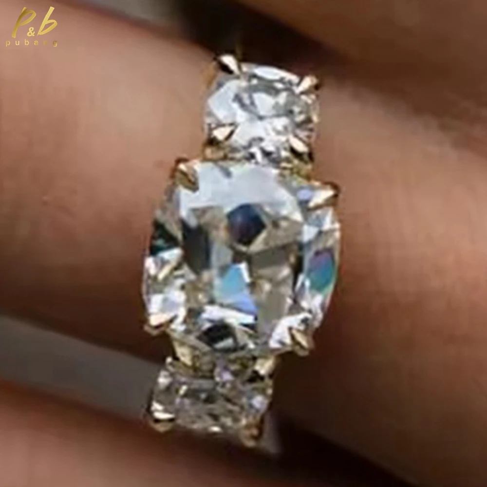 

PuBang Sparkling 3EX VVS1 D Цвет 4CT Центр Муассанит Свадебные обручальные кольца Золото 3 камня Старая шахта 18-каратное твердое золото для женщин
