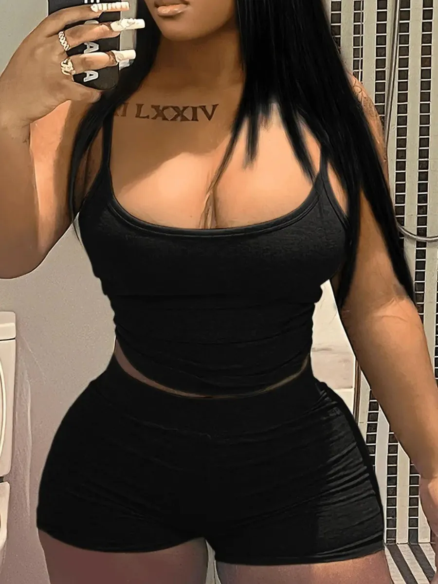 LW BASICS Casual Women Tracksuit Cami Skinny Stretchy Shorts Set Sport Skinny Summer Tops +Mini Biker Shorts Suit Two Piece Set