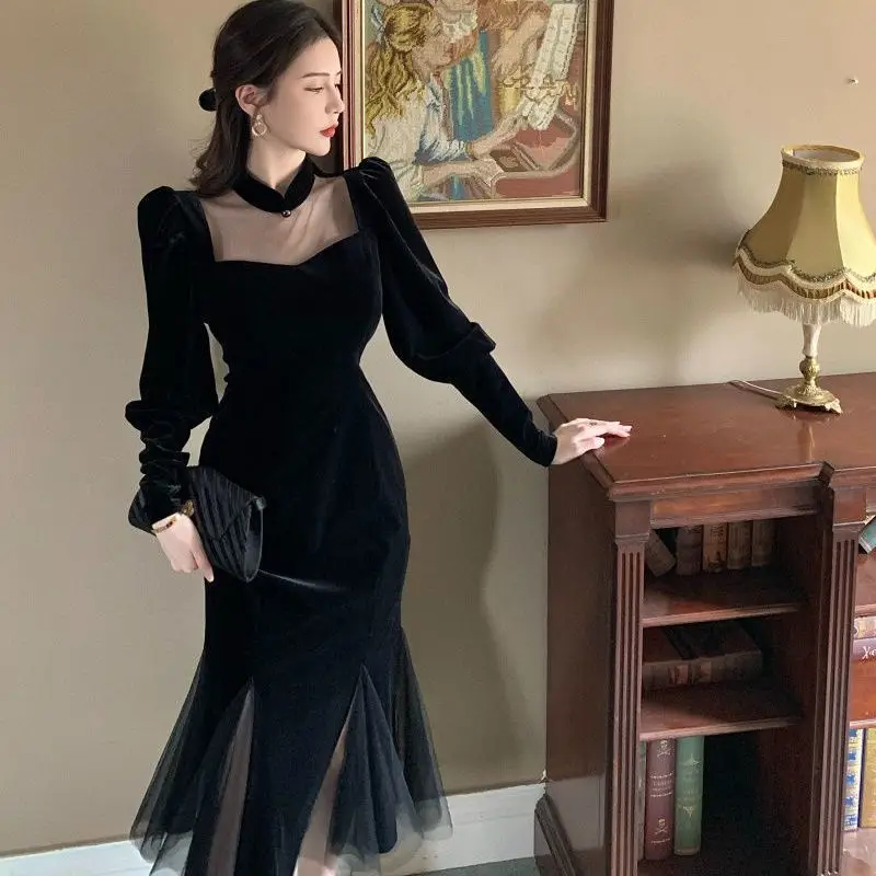 Long Sleeve Midi Dresses Women Mesh Velvet Patchwork Hollow Out Sexy Slim O-neck A-line Bodycon Flattering Waist Temperament