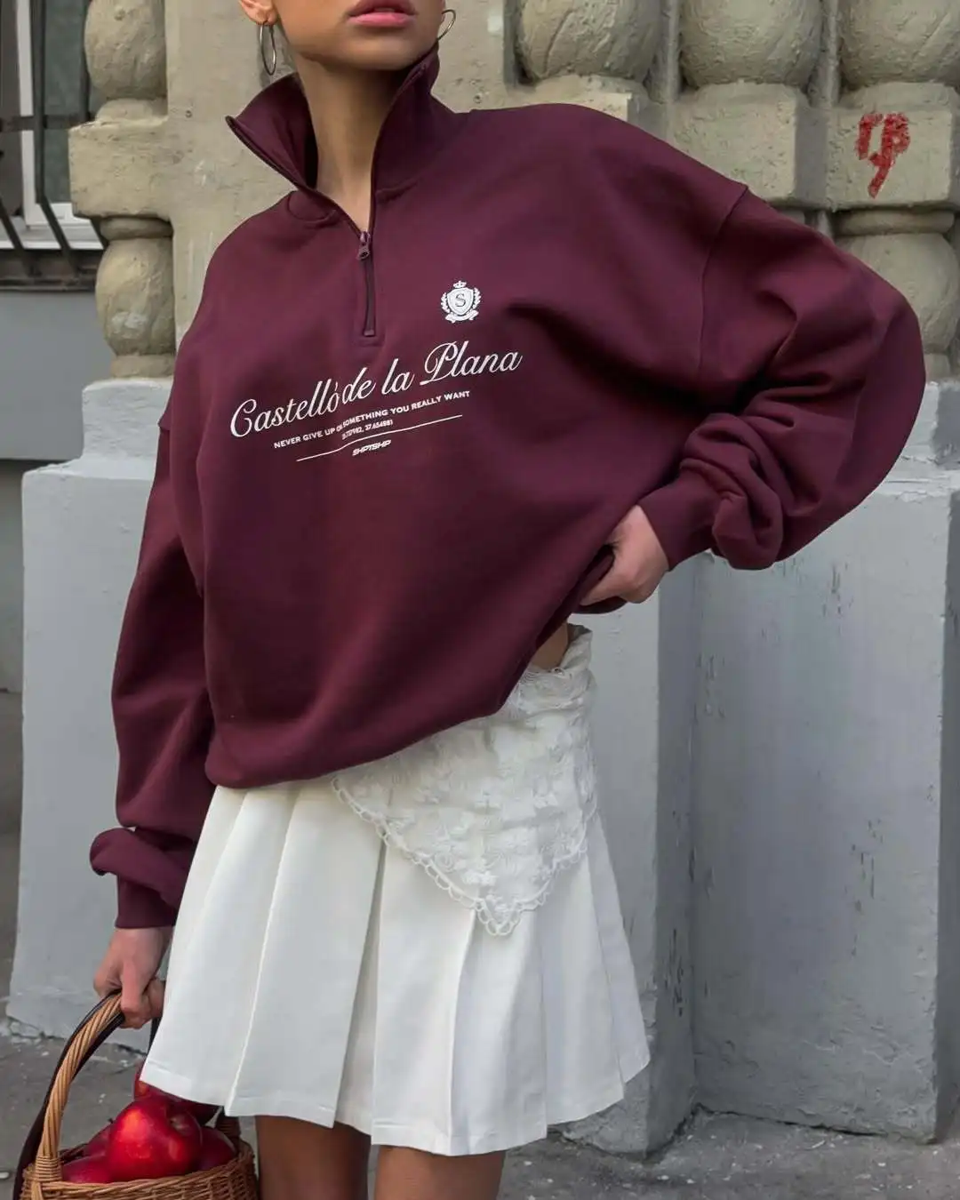 Sweat-shirt rétro style Preppy américain avec lettres imprimées, demi-fermeture éclair, col rabattu, chemises à revers, vin blanc, rouge, loisirs pour jeunes femmes