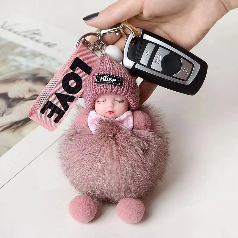 Pompom Sleeping Baby Doll Keychain Cute Fluffy Plush Doll Keychains Doll Bag Charm Cars Gift