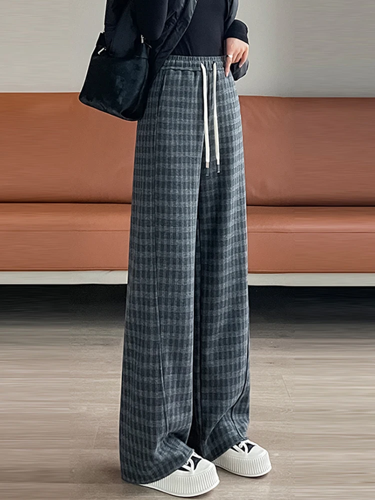 

High Waist Thiened Fce Lined Plaid Wool Wide Leg Pants Women Autumn Winter New Sle Casual Straight Cut Trousers