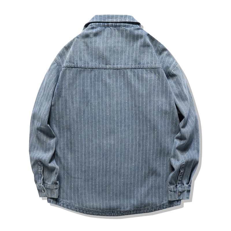 قميص دينم مخطط من قماش الجاكار الأمريكي ثقيل الوزن للرجال لعام 2025 - سترة قميص كبيرة الحجم بأكمام طويلة لربيع/خريف