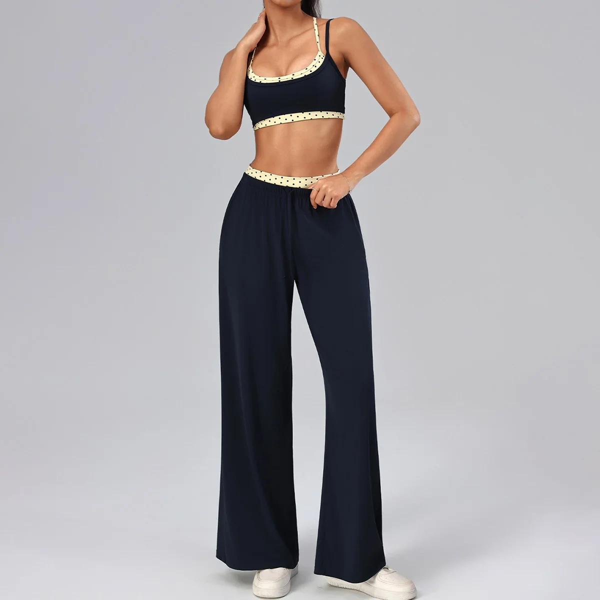Hearuisavy 2Pcs Sports Set Women Polka Dot Cross Back Workout Top Gym Yoga High Waisted Wide Leg Straight-Leg Pants With Pockets