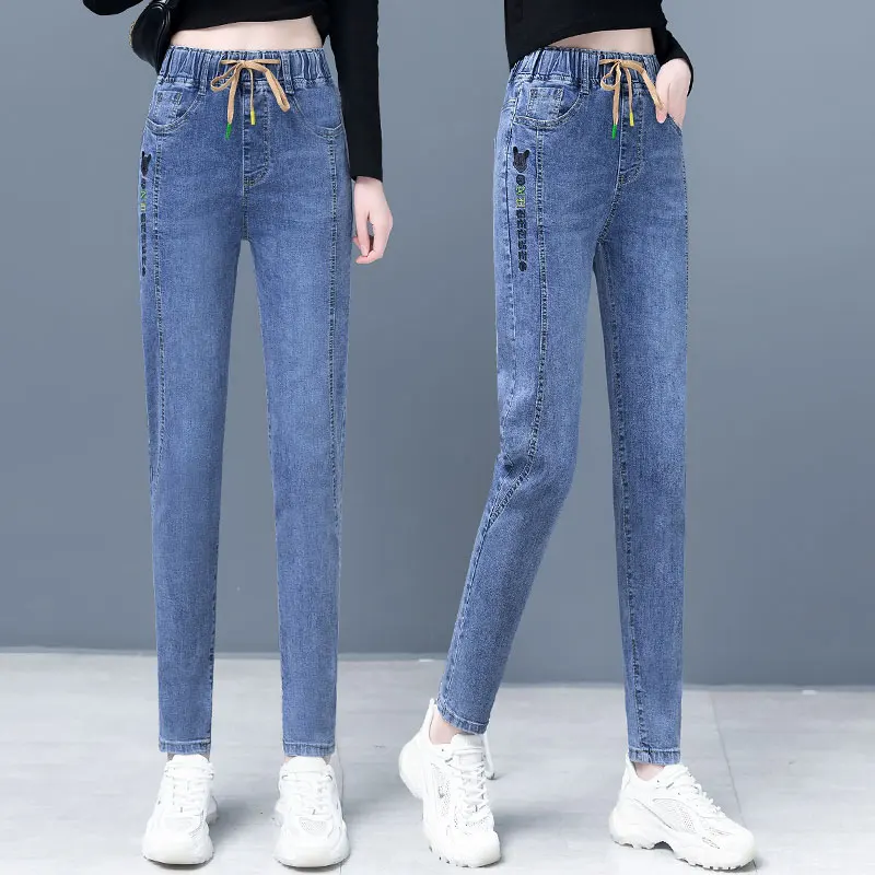 

High Waist Elastic Loose Women's Jeans Casual Versatile Dad Sle Slimming Ankle-Length Cotton Stretch Denim Fall Season
