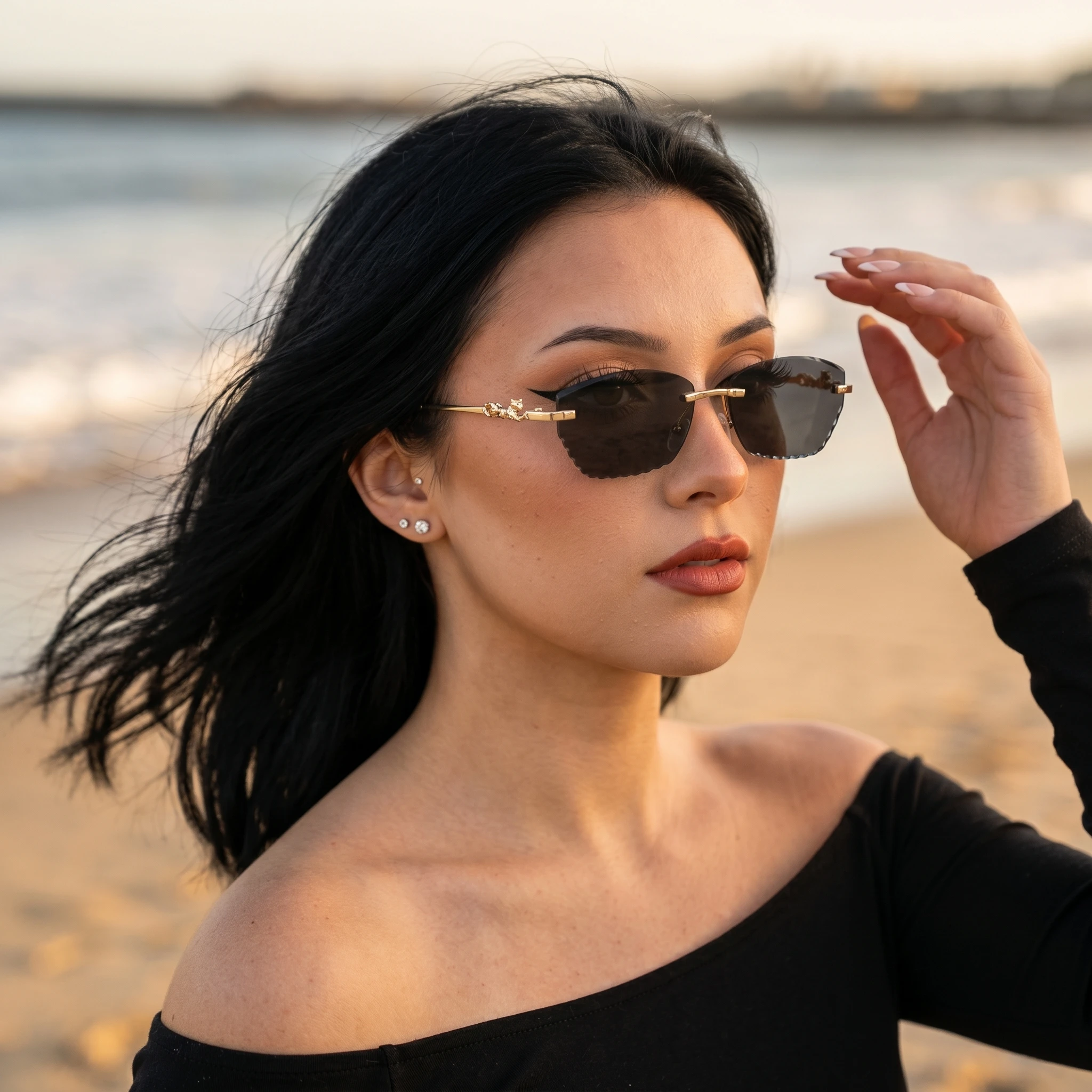 Randlose Cat-Eye-Sonnenbrille für Damen mit Goldrahmen, Fuchs-Scharnier, Rutschfesten Gebogenen Bügeln und Verlaufsgläsern - Modische Schattierungen