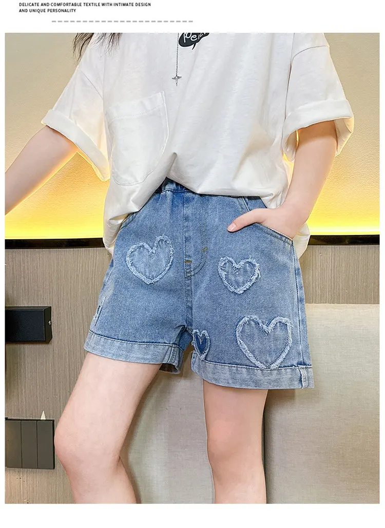 Mädchen-Shorts mit Herzmuster, hohe Taille, Sommer-Sonderangebote, Teenager-Kinder-Mode-Jeans, kurze Hosen für Kinder, Kleidung für 5-14 Jahre – Detail 3