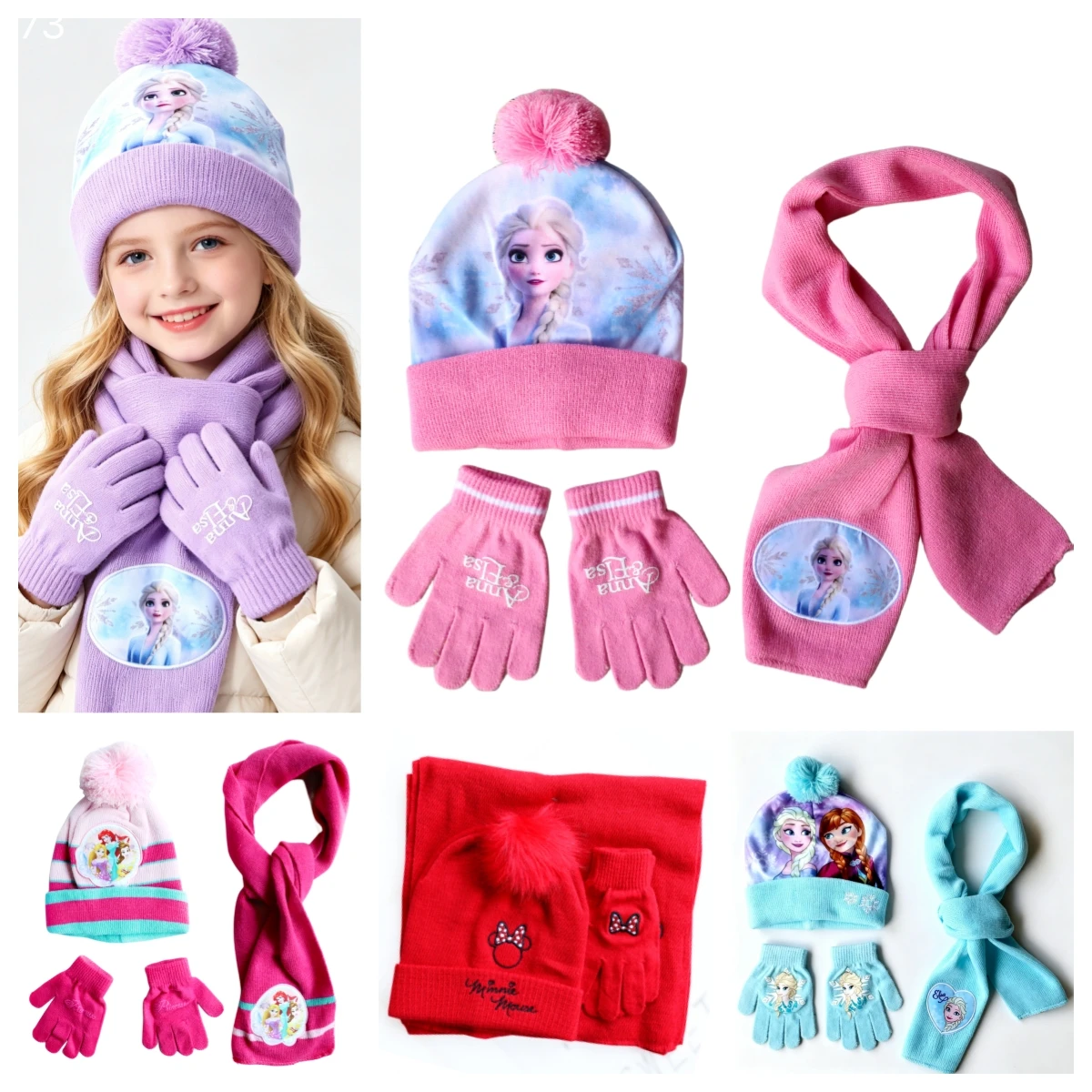 New Autumn and Winter Children Queen Elsa Anna Mermaid Cute Scarf Hat Glove 3Pcs Warm Boy Girl Cap Child Pom-pom Hat 3Y-8Y
