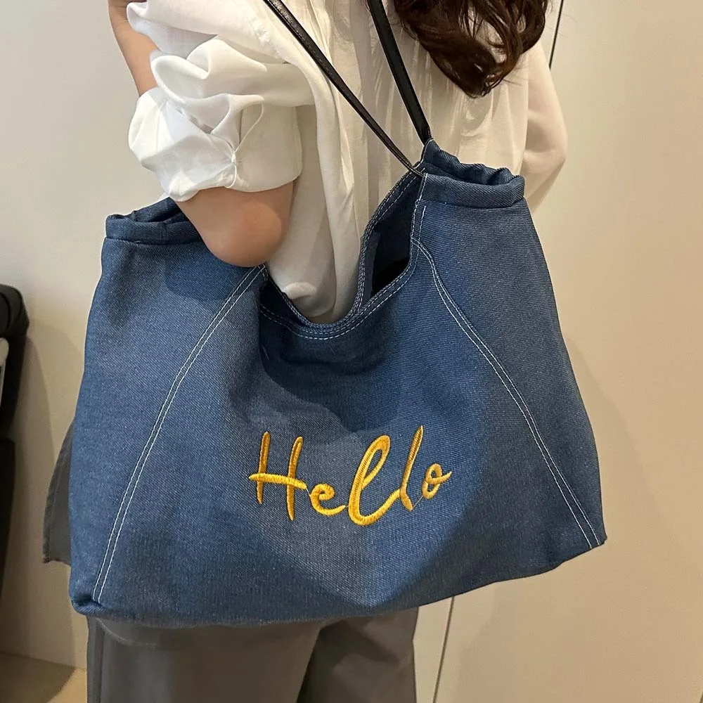 

Portable Denim Blue Tote Bag Korean Style Vintage Commuting Shoulder Pouch Magnetic Button Letter Embroidery