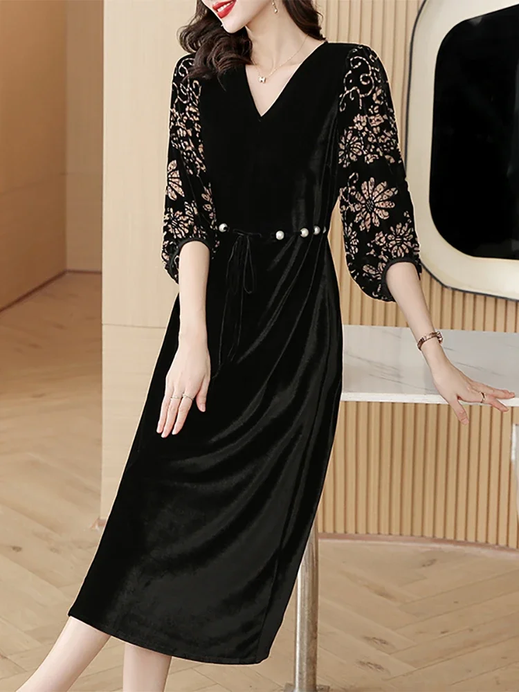 Korean Black Velvet Chic Hook Flower Hollow Luxury Evening Dress for Women 2024 Autumn Winter Long Sleeve Elegant Party Vestidos