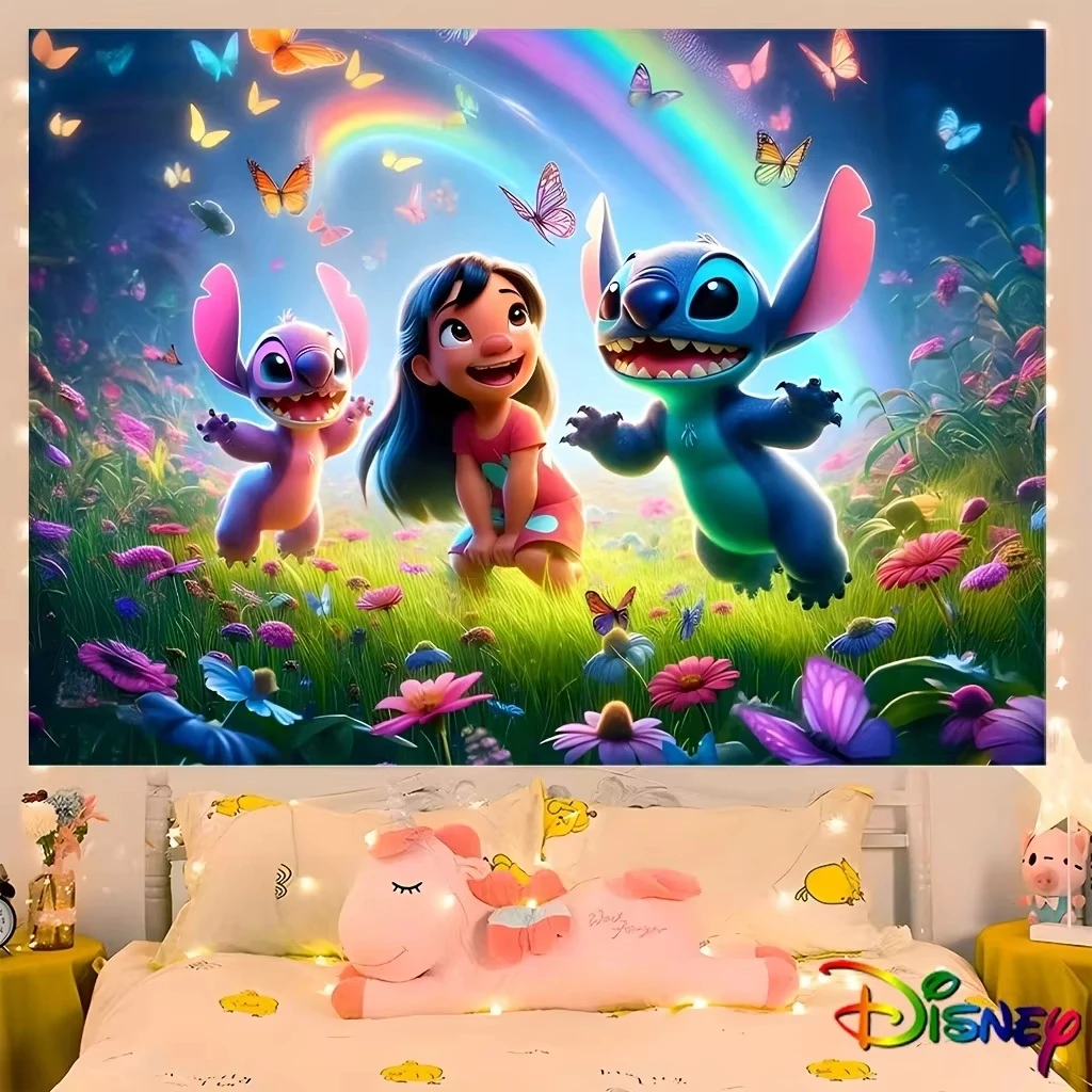 

1 шт. Disney Lilo & Stitch Радужный гобелен из полиэфирного волокна 2D настенный подвес для спальни, гостиной, мультфильма Диснея, домашний декор Aestheti