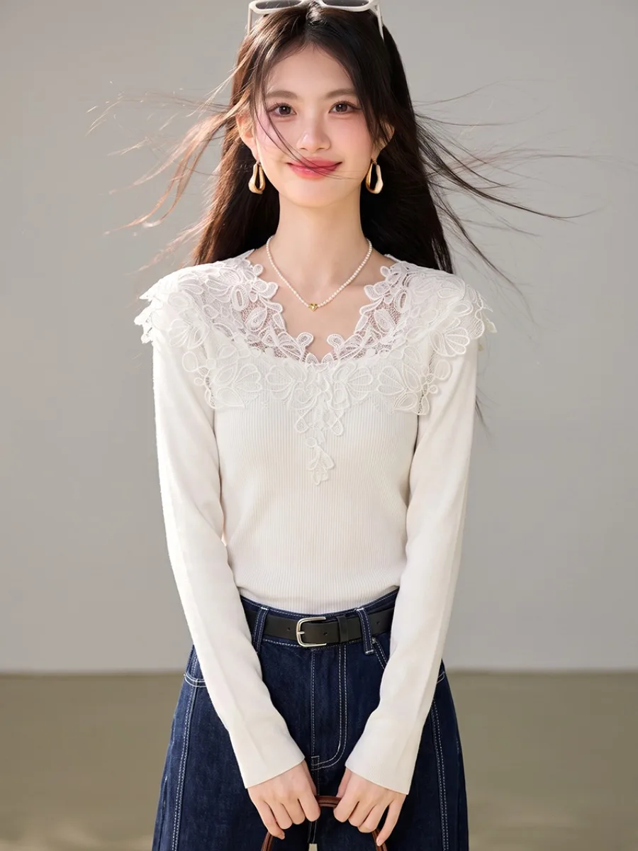 Grey Lace Splice Knitted Base Shirt Women's Autumn Luxury High-End Sensation Inner Elegant Absolutely Beautiful Small Top