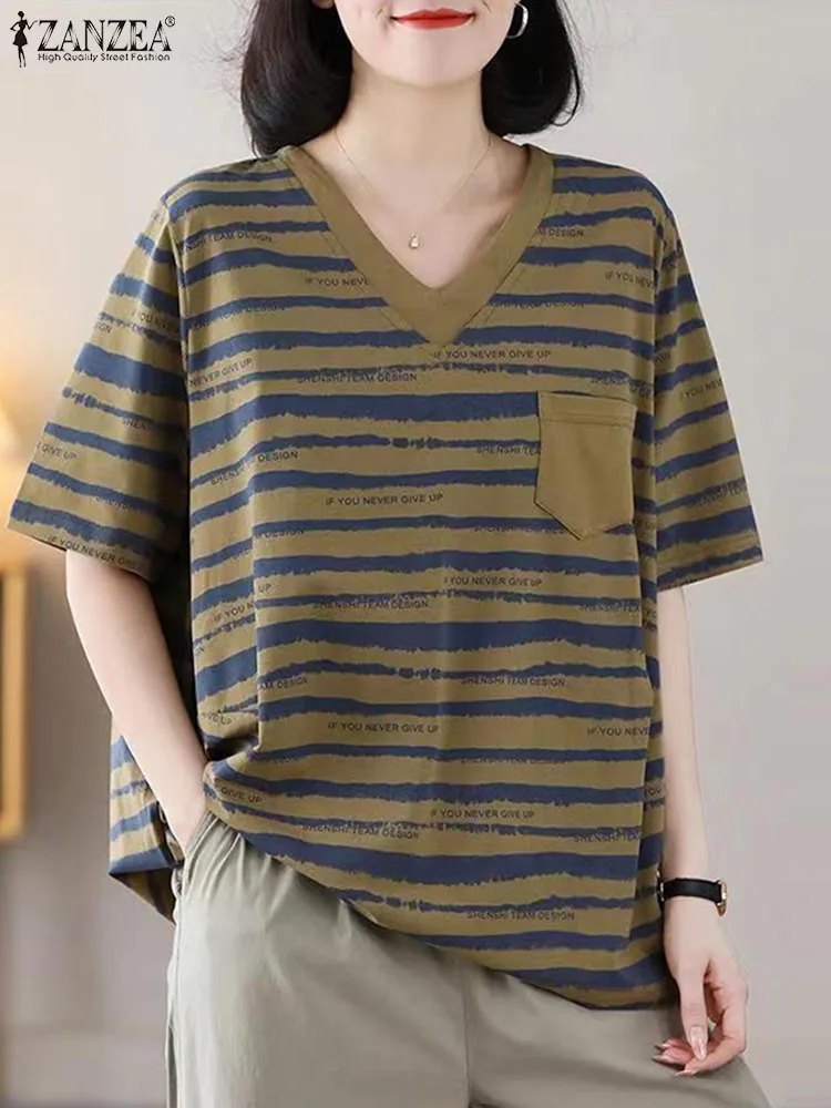 ZANZEA Women Stripes Knitted Blouse Korean Loose V-neck Tops 2024 Summer Daily Short Sleeve T-shirt Holiday Casual Basic Tunics