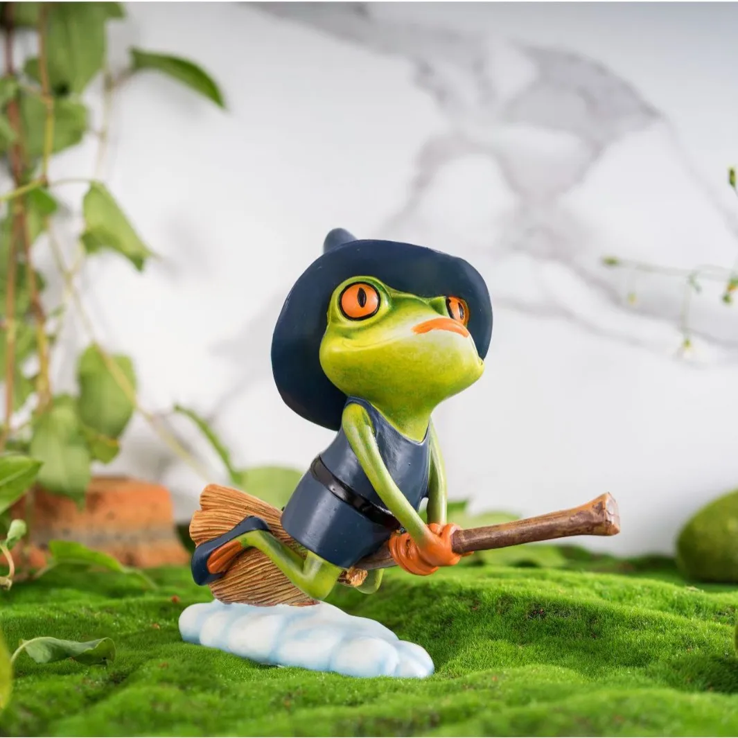 

Resin Magic Broom Frog Sculpture‌ - Fantasy Home Decor, Witchy Apartment Accent