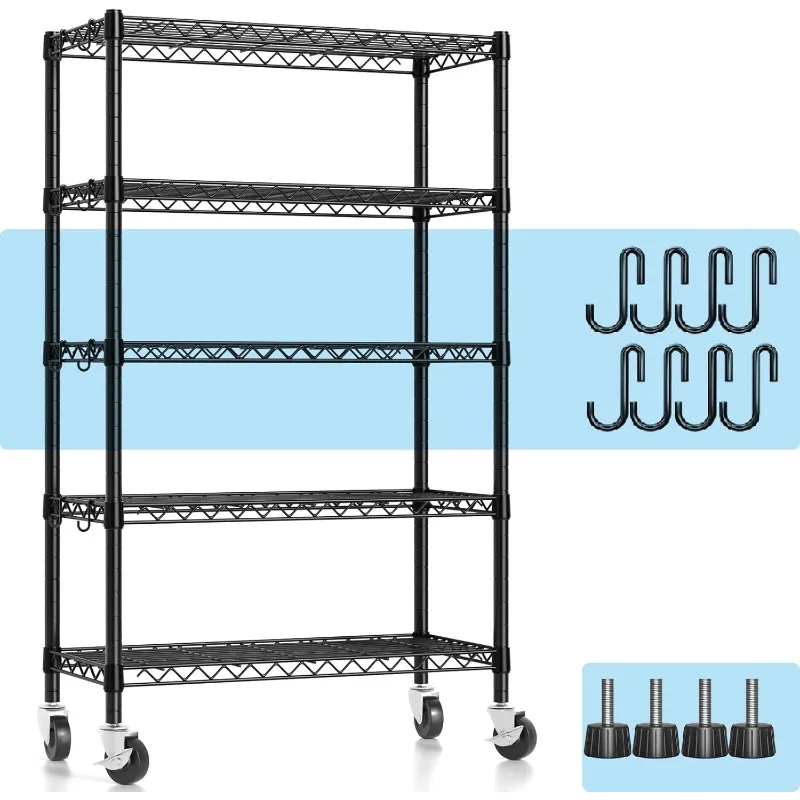 Metal Shelving Unit with Wheels, 5-tier Wire Shelving with Adjustable Shelves for Storage, Freestanding Heavy Duty Metal Wire