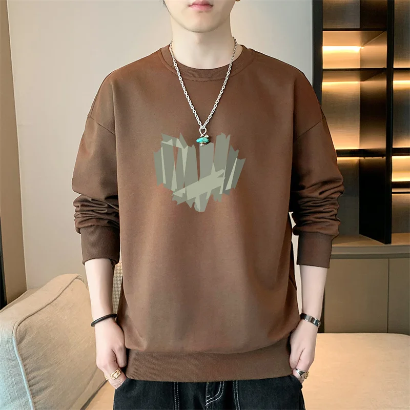 New Spring Autumn Men\'s Round Neck Hoodies Fashion Trendy Printed Geometric Solid Color Long Sleeve Pullover Casual Bottom Tops