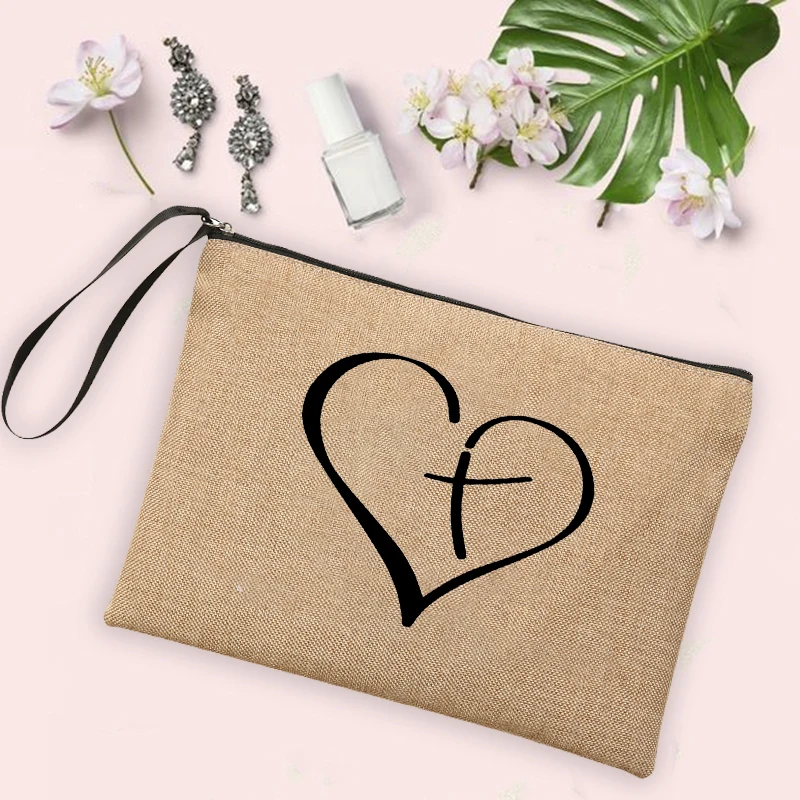 Jesus Faith Cross Print Christian Linen Wristlet Clutch Bag Beach Vacation Handbag Travel Wash Organizer Case Makeup Bags Gifts
