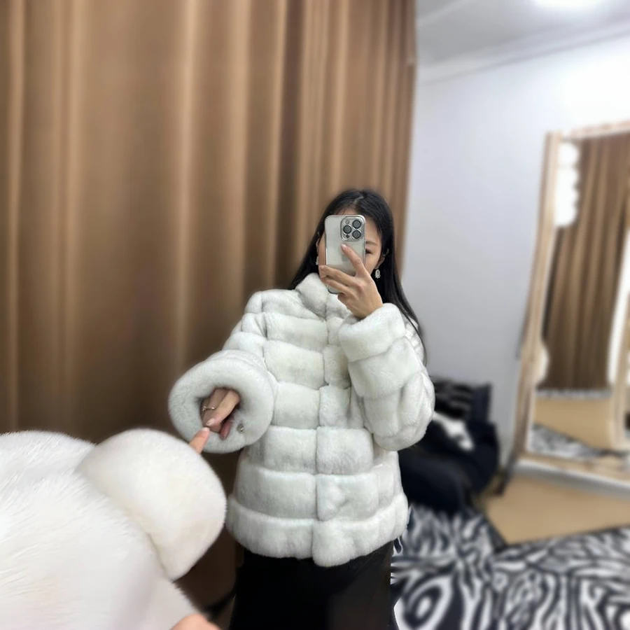 리얼 렉스 토끼털 자켓 하이 칼라 여성용 겨울 자켓 친칠라 색상 퍼 자켓 럭셔리 천연 가죽 자켓