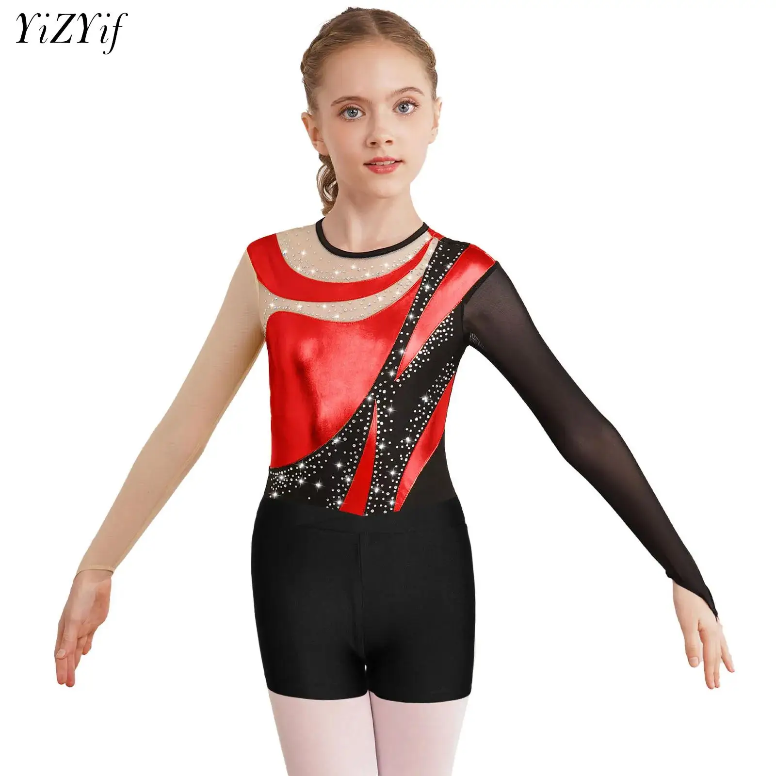 

Kids Girls Long Sleeve Gymnastics Leotard with Shorts Ballet Unitard Set 2 Piece Dance Sports Workout Outfits for Teen Children