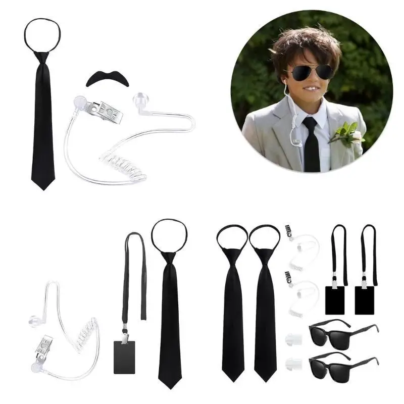 Secret Security Guard Costume Accessories For Adult Kid Secret Agent Cosplay Costume With Glasses Earpiece Neck Tie