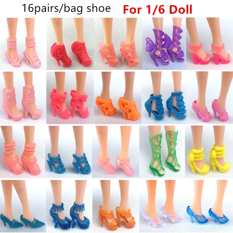 16pairs/bag crystal shoe for 30cm Doll Accessories High Heels Doll Shoe 1/6 DIY Girl Doll Accessories