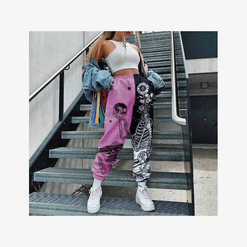 Ladies Casual Printed Cuffed Color Block Sports Pants High Waist Long Trousers Harlan Style All Match Material 100% Other