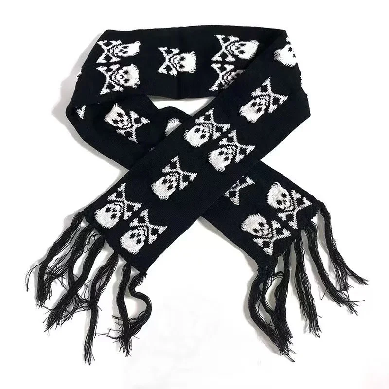 Bufanda de calavera Gótica para hombres y mujeres, chal de Pashmina de punto, Echarpe acrílico negro, envoltura de esqueleto Harajuku con flecos,