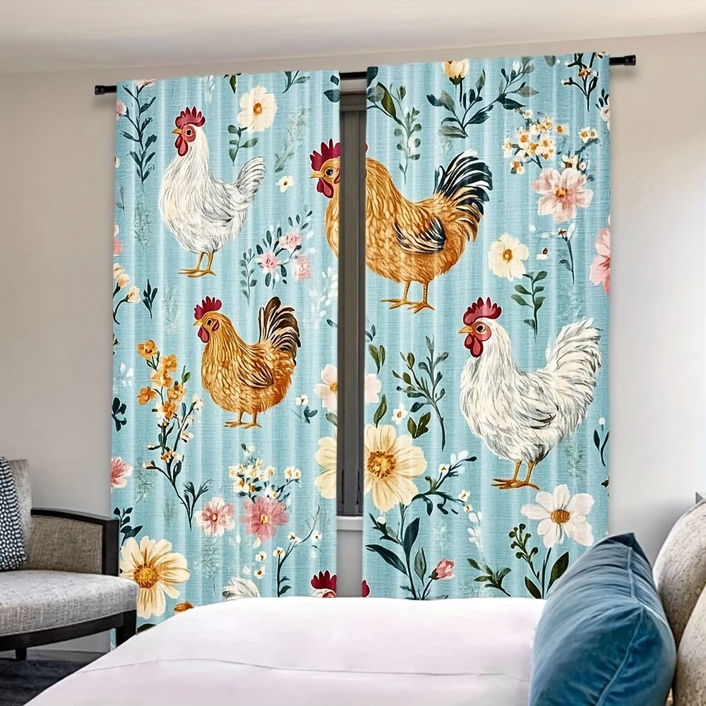 2PCS Digital Print Curtains, Blue Floral Chicken, Farmhouse Country