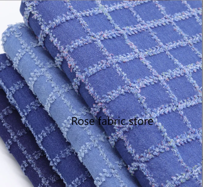 Plaid Checker Snowflaker Jeans Fabric With Small Punching Holes Denim Washed Fabric Thick Soft Sewing  Jackets Pants Blazer