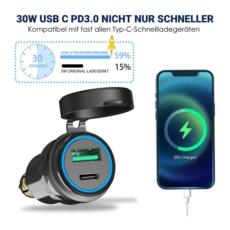 48W USB C Car Charger Socket Strong Fast Charger 30W PD & QC 3.0 Cigarette Lighter Adapter Hella DIN Plug for BMW Ducati Triumph