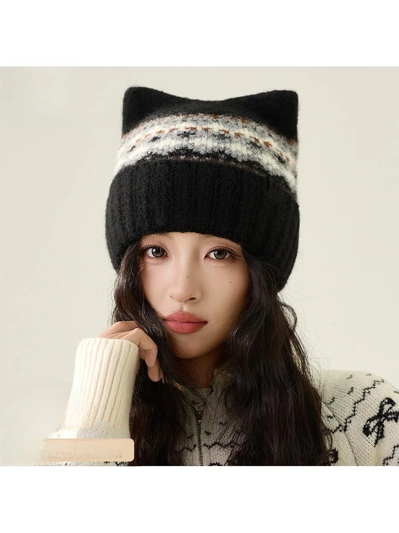 loose-knitted-woolen-cap-women's-autumn-winter-cute-versatile-warm-fleece-lined-ear-cover-pull-over-face-slimming-hat