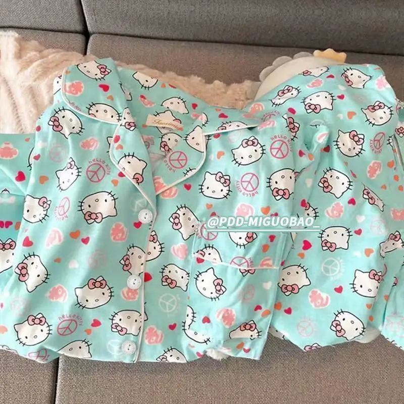 New Kawaii Hello Kittys Pajamas Female Spring Autumn Winter Sanrios Cartoon Cute Long-Sleeved Trousers Outerwear Home Clothes