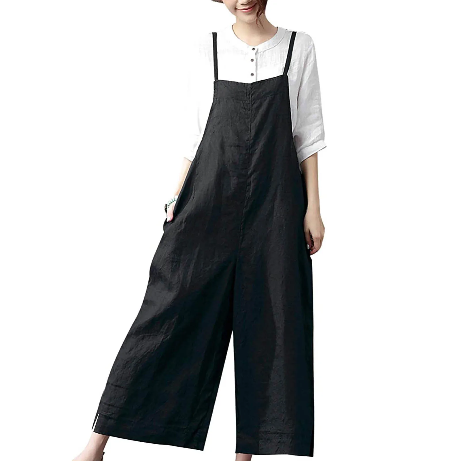 

Women Jumpsuit Summer Fashion Solid Color Loose Sleeveless Casual Style Wide Leg Women Suspender Loose playsuit