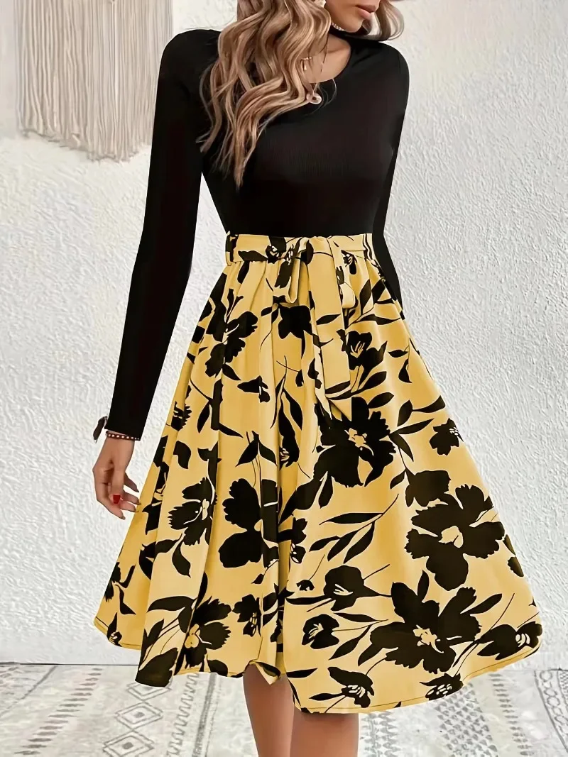

Spring Autumn Vintage Floral Printed Patchwork Elegant Vestidos Women Long Sleeve Waist Lace Up Robe Femme Casual korean Dresses