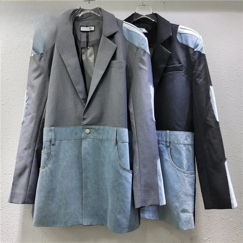 

Hybrid Blazer & Denim Coat - Two-Tone Suit Jacket with Denim Panel, Edgy Casual Streetwear Fashion for Men/Women