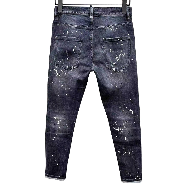 100 chareiharper c051 Men\'s skinny Skinny jeans Ripped Fabric Non-stretch Paint Splash vintage jeans