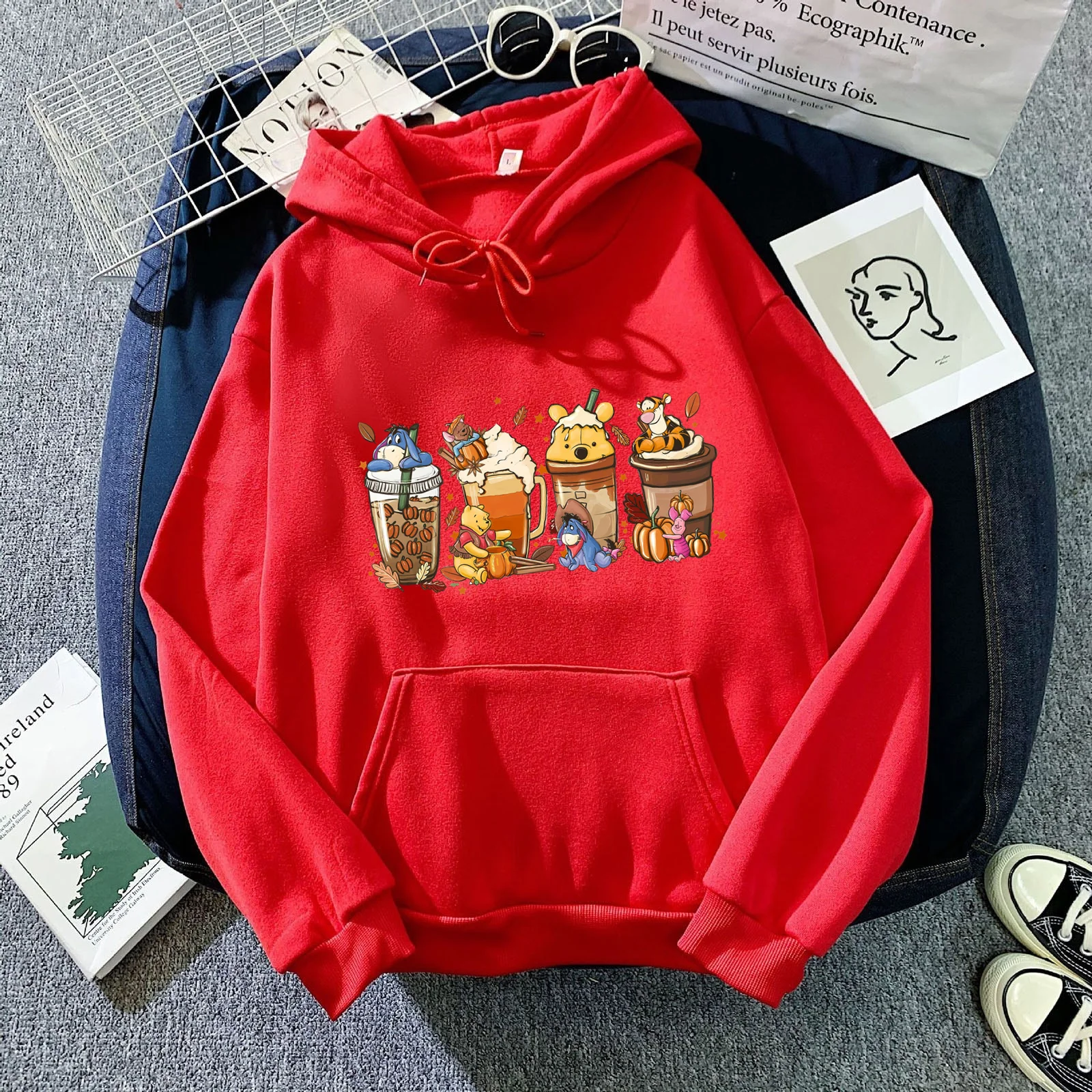 Women Fall Winnie the Pooh Coffee Print Pullovers Ladies Long Sleeves Halloween Sweatshirts Women Clothes Coffee Lover Tops