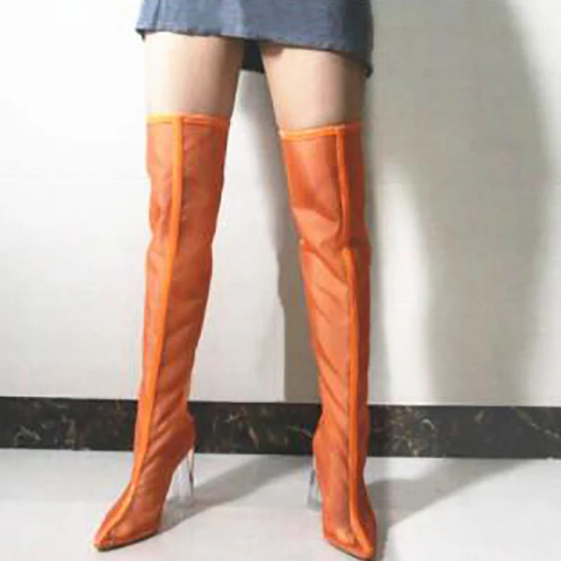 New Mesh Neon Green Sandal Boots Women Sexy Over The Knee Boots Pointed Toe High Heels Party Shoes Woman Thigh High Boots