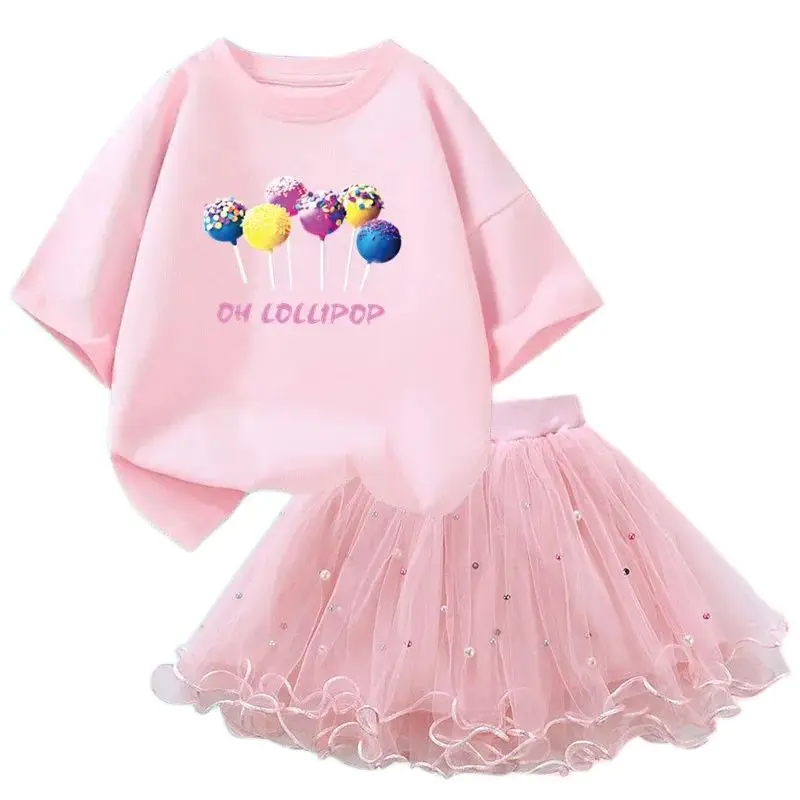 2024 New Summer Girls Candy lollipop T-shirt+ Tutu Skirt 2Pcs Outfits For Kids Party Birthday Clothes