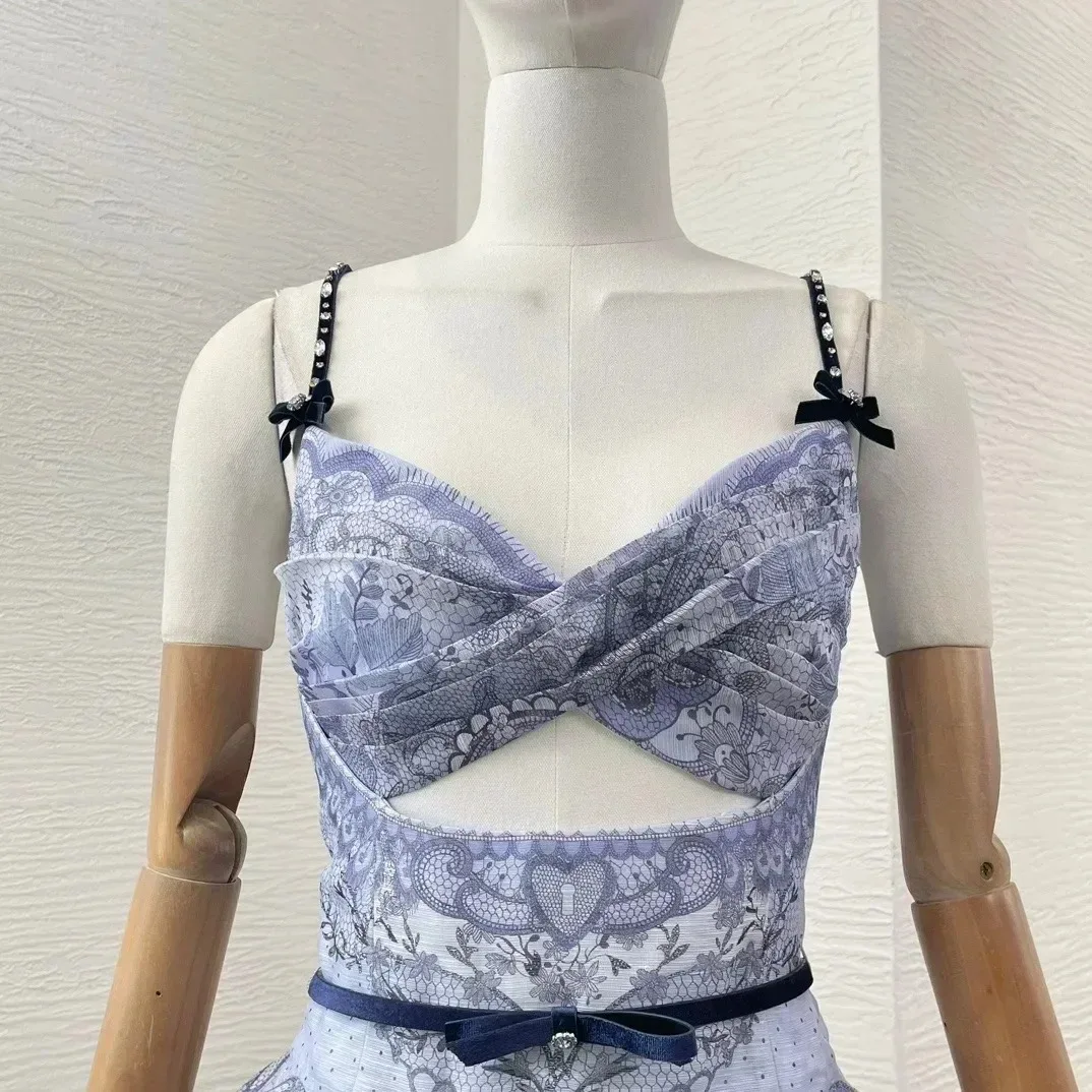 Linho de seda feminino cintura espaguete estilo romântico corte vestido roxo violeta sem alças mini vestidos para o verão estampa floral