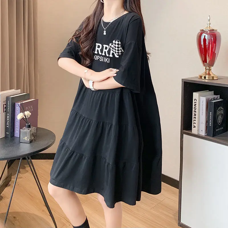 Estate nuova lettera di stampa nera Oversize Mini abito manica corta allentata Solid Fashion T Shirt Dress Casual Trend abbigliamento donna