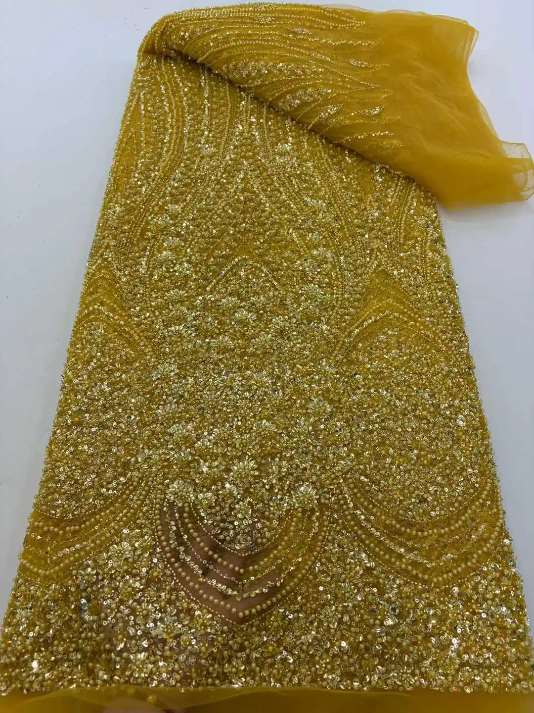 Nigerian African France Latest Hot Sale Tulle Lace Fabric With Beads Sequins 2025 High End for Bride Wedding Party Sew Dresses