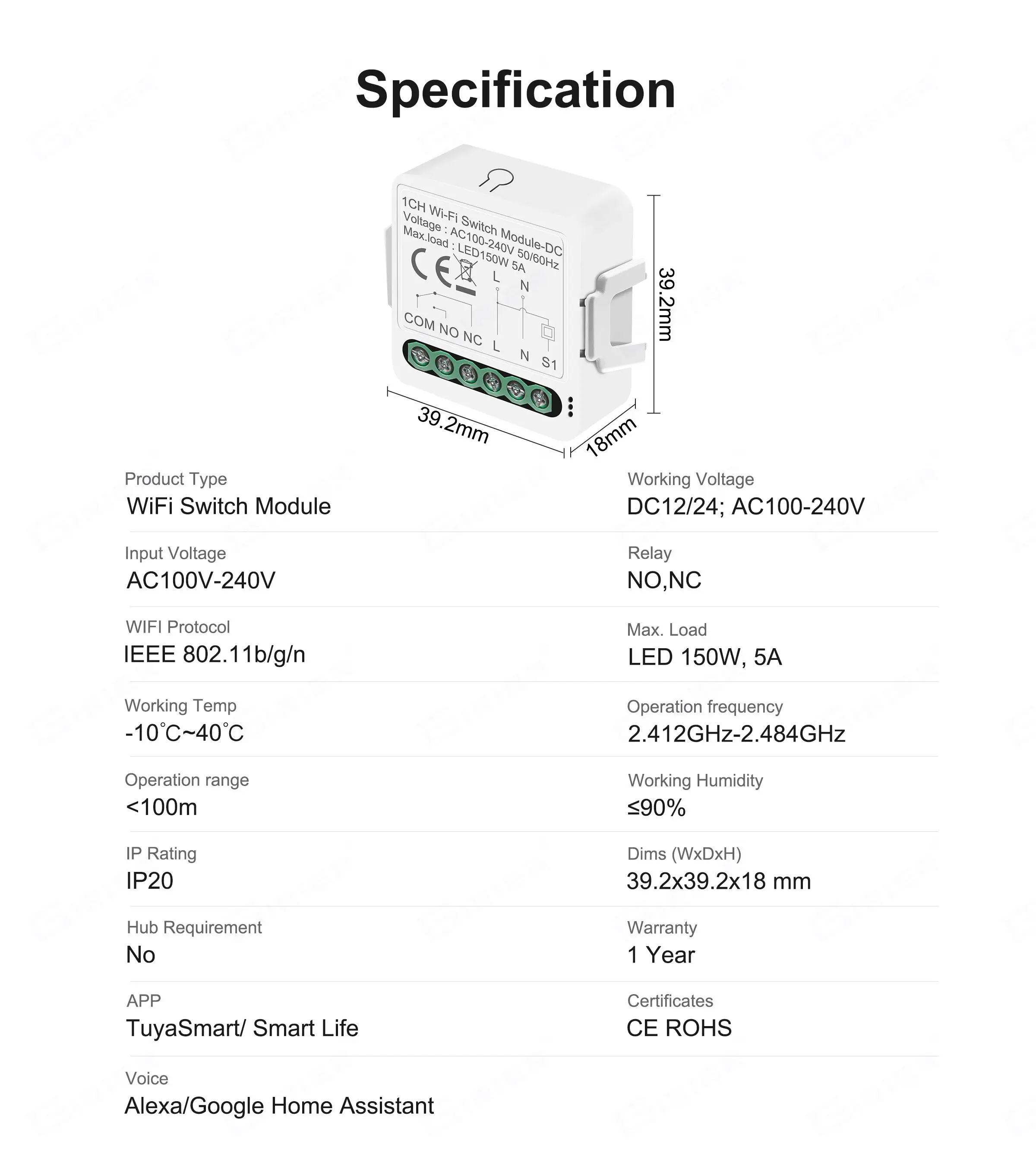 GIRIER WiFi Switch Module Dry Contact Smart Home DIY Breaker Relay 5A DC 12/24V AC 100-240V Supports Alexa Google Home Assistant