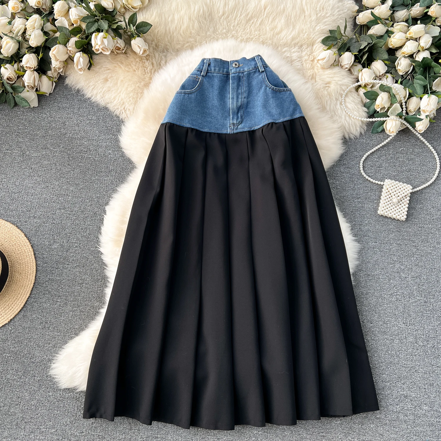 Design Denim Long Skirt For Women Color Contrast Stitching Heavy Elastic Waist  Pleated Patchwork A-Line Jeans Skirt Clothing