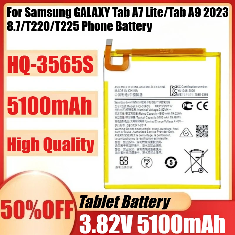 

New High Quality HQ-3565S 3.82V 5100mAh Battery for Samsung GALAXY Tab A7 Lite/Tab A9 2023 8.7/T220/T225 Phone Battery