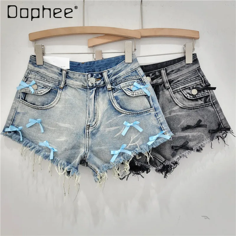 

Sweet Bowknot Hot Pants Women Raw Edge Slim A Line Hip Wrap Denim Shorts Summer Korean Fashion Spicy Girl Jeans Shorts