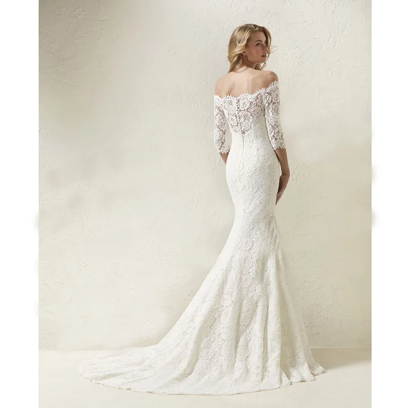 VENSANAC Off the Shoulder Lace Mermaid Wedding Dress Embroidery Half Sleeve Boat Neck Sweep Train Bridal Gowns