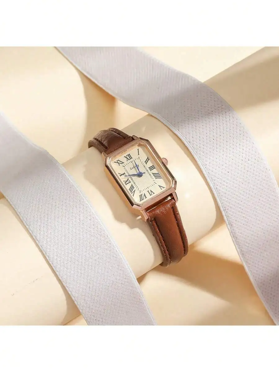 GoGoEy 1pc Women's Minimalist Rectangular Roman Numeral Dial Fashion Bamboo Strap Watch, Suitable For Daily Matching, Birthday,